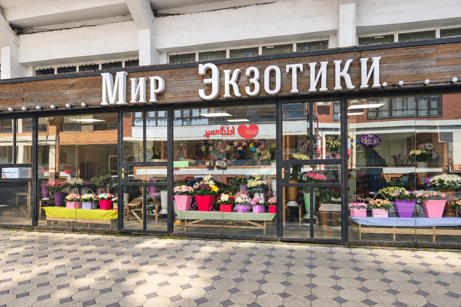 Стеклянная витрина магазина Мир экзотики с деревянной вывеской, белыми буквами и цветами